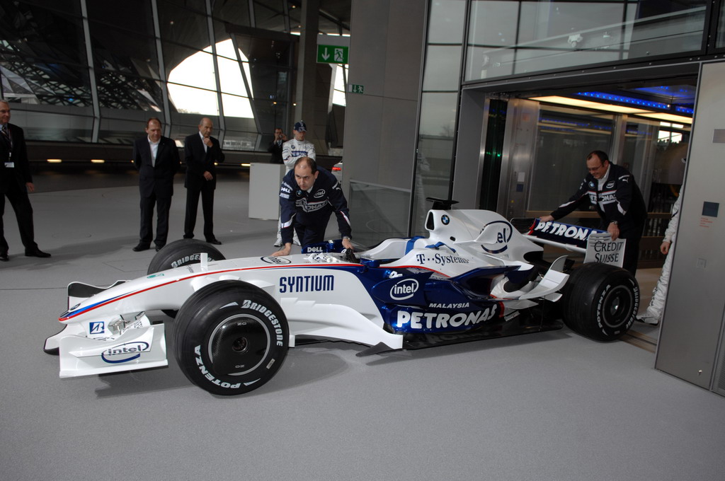 BMW SAUBER F1 08, Monday 14th January 2008 BMW Welt, Munich, Germany. The Launch of the BMW Sauber F1.08. BMW Sauber F1 Team driver Nick Heidfeld (GER) e the new BMW Sauber F1.08 come out of the delivery lift. This image is copyright free for editorial use © BMW AG  