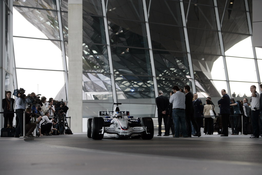 BMW SAUBER F1 08, Monday 14th January 2008 BMW Welt, Munich, Germany. The Launch of the BMW Sauber F1.08. BMW Sauber F1 Team driver Nick Heidfeld (GER) drives the new BMW Sauber F1.08 for the first time. This image is copyright free for editorial use © BMW AG  
