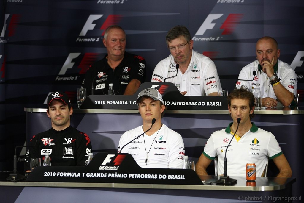 GP Brasile, Venerdi', Conferenza Stampa, Timo Glock (GER), Virgin Racing, VR-01, Nico Rosberg (GER), Mercedes GP F1 Team, MGP W01 e Jarno Trulli (ITA), Lotus Racing, T127 