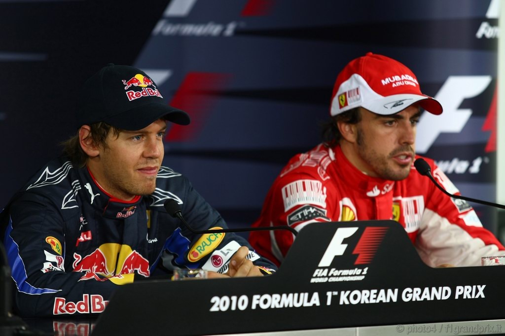 GP Corea, Qualifiche, Conferenza Stampa, Sebastian Vettel (GER), Red Bull Racing, RB6 pole position e Fernando Alonso (ESP), Ferrari, F10 terzo 
