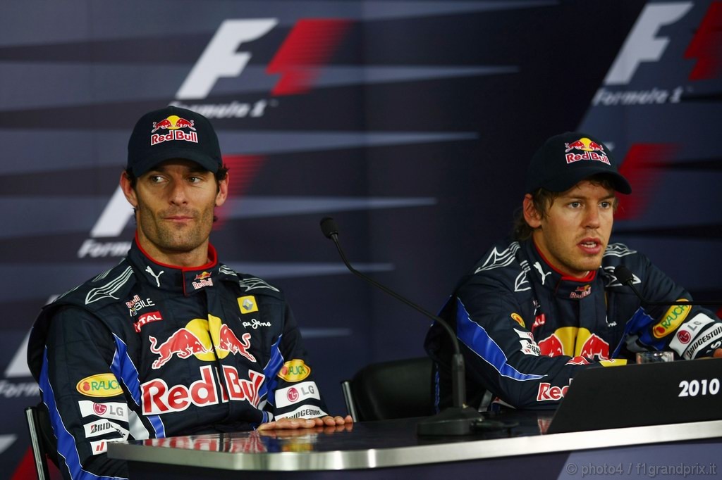GP Corea, Qualifiche, Conferenza Stampa, Mark Webber (AUS), Red Bull Racing, RB6 secondo, Sebastian Vettel (GER), Red Bull Racing, RB6 pole position 
