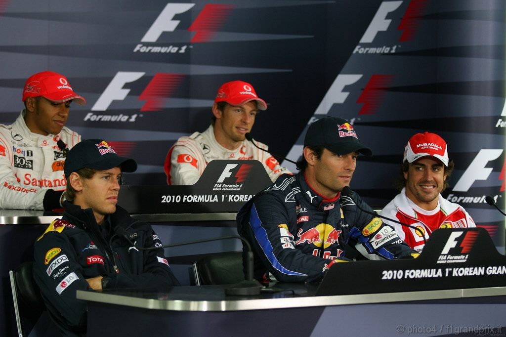 GP Corea, Giovedi', Conferenza Stampa, Lewis Hamilton (GBR), McLaren  Mercedes, MP4-25, Jenson Button (GBR), McLaren  Mercedes, MP4-25, Sebastian Vettel (GER), Red Bull Racing, RB6, Mark Webber (AUS), Red Bull Racing, RB6 e Fernando Alonso (ESP), Ferrari, F10 