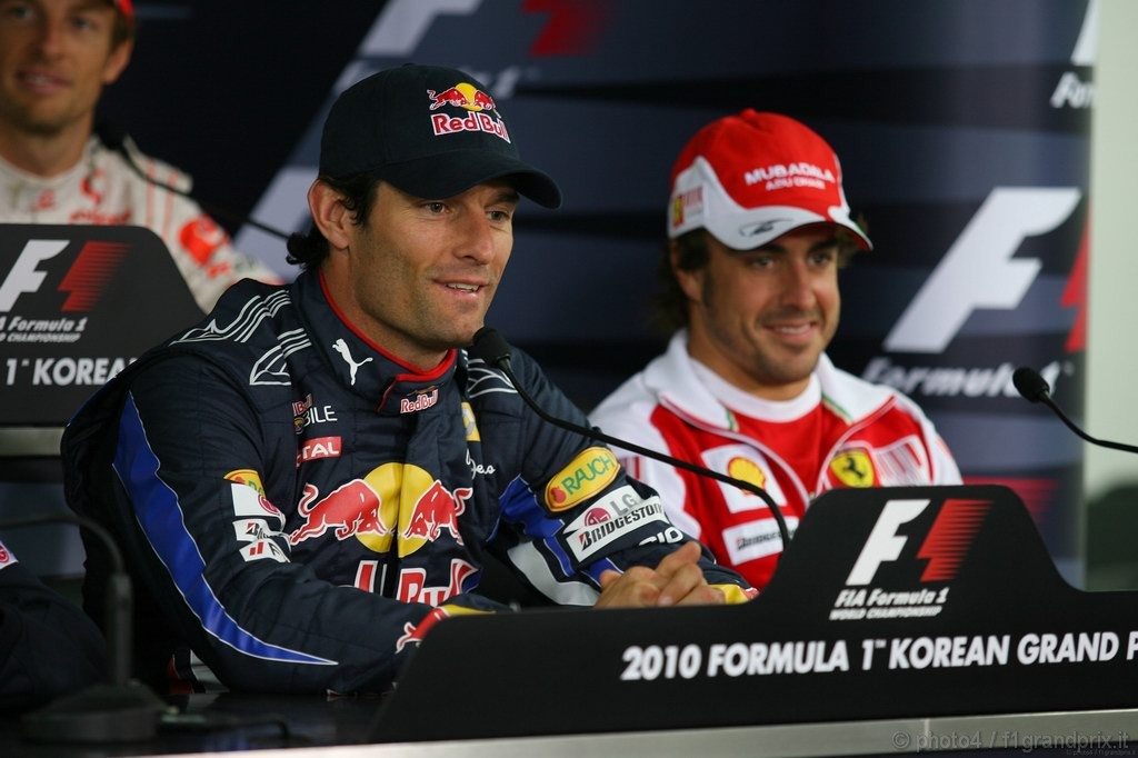 GP Corea, Giovedi', Conferenza Stampa, Mark Webber (AUS), Red Bull Racing, RB6 e Fernando Alonso (ESP), Ferrari, F10 