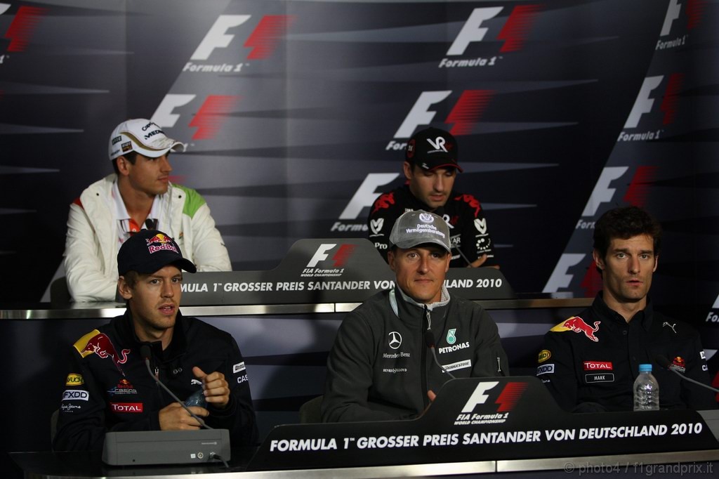GP Germania, Giovedi', Conferenza Stampa, Adrian Sutil (GER), Force India F1 Team, VJM03, Timo Glock (GER), Virgin Racing, VR-01, Sebastian Vettel (GER), Red Bull Racing, RB6 e Mark Webber (AUS), Red Bull Racing, RB6 