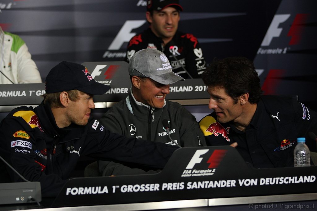 GP Germania, Giovedi', Conferenza Stampa, Sebastian Vettel (GER), Red Bull Racing, RB6, Michael Schumacher (GER), Mercedes GP  F1 Team, MGP W01 e Mark Webber (AUS), Red Bull Racing, RB6 