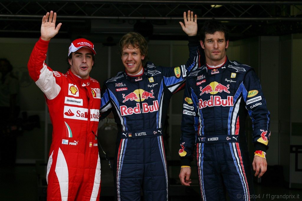 GP Gran Bretagna, Qualifiche, Sebastian Vettel (GER), Red Bull Racing, RB6 pole position, Mark Webber (AUS), Red Bull Racing, RB6 secondo e Fernando Alonso (ESP), Ferrari, F10 terzo 