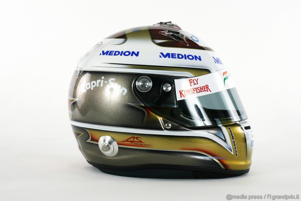 Caschi Piloti 2011, The helmet of Adrian Sutil (GER) Force India F1.
Force India Studio Shoot, Silverstone, England, 8 February 2010.