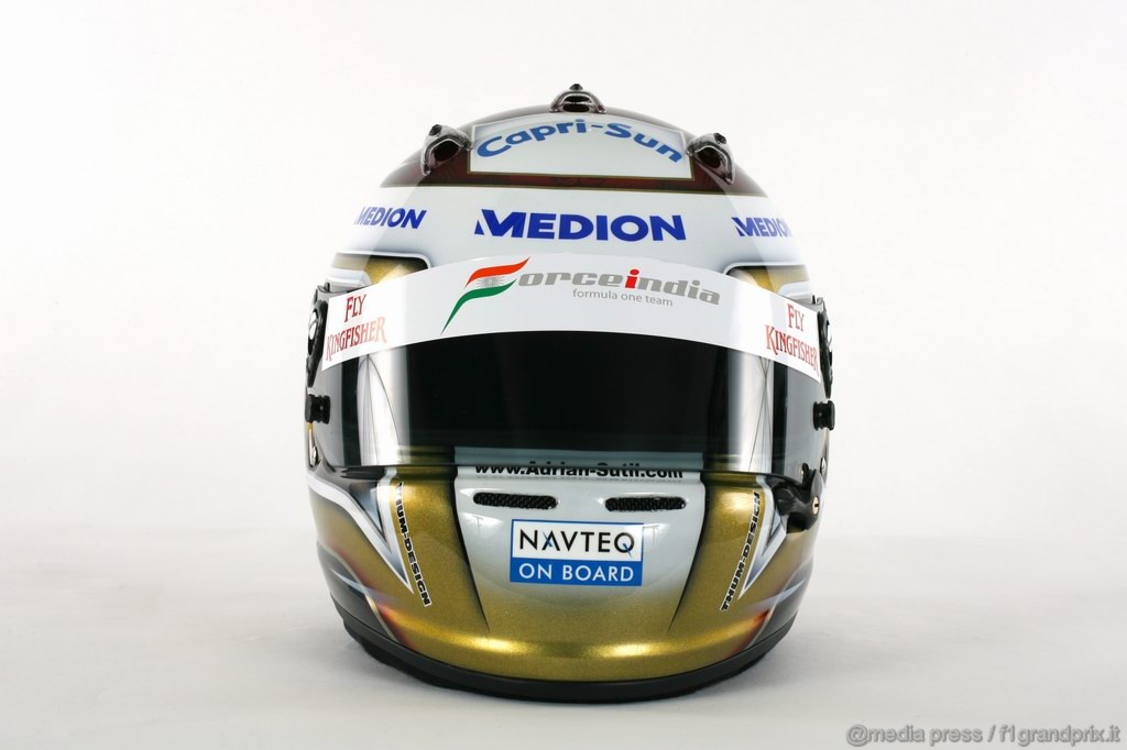 Caschi Piloti 2011, The helmet of Adrian Sutil (GER) Force India F1.
Force India Studio Shoot, Silverstone, England, 8 February 2010.