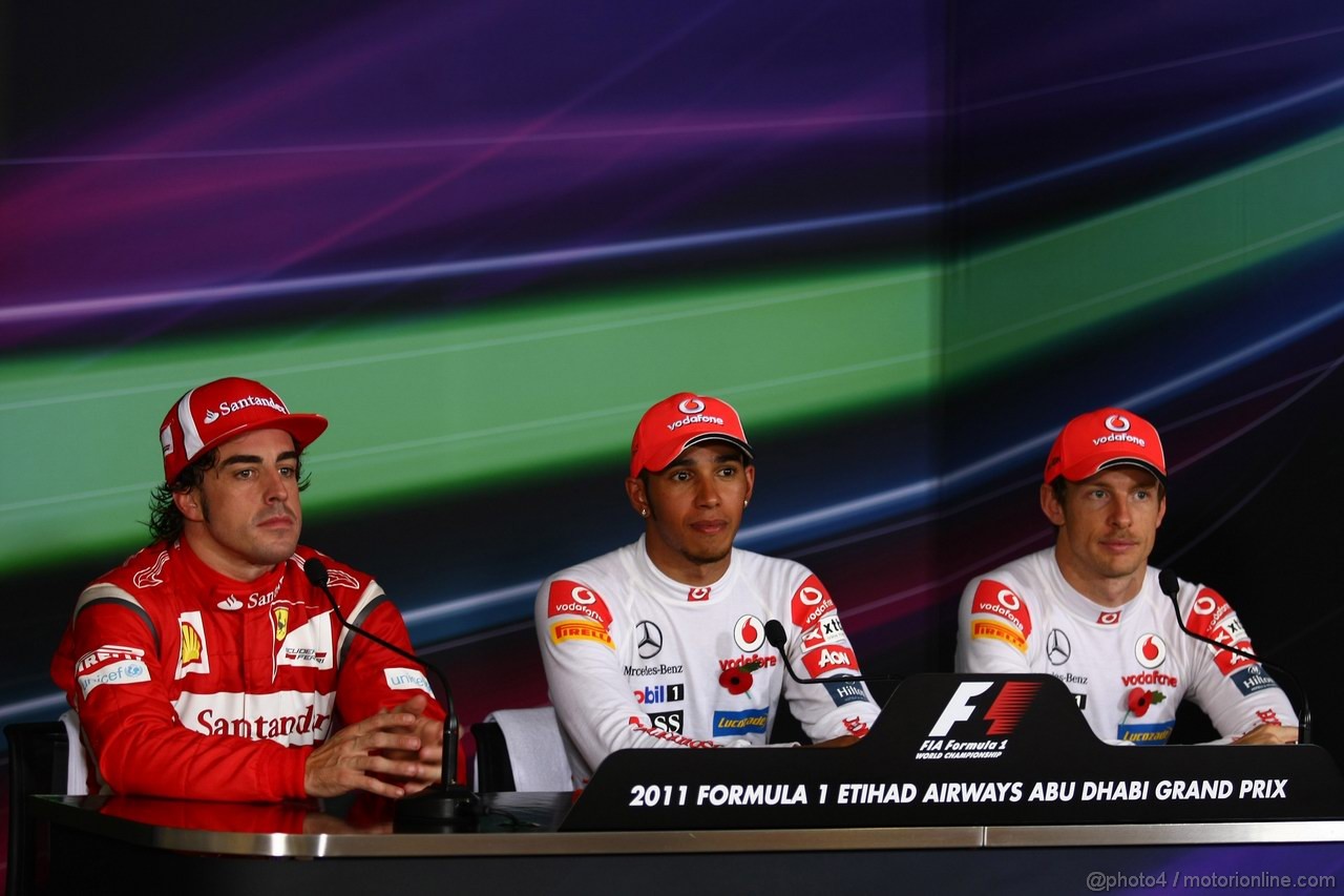 GP ABU DHABI, 13.11.2011- Gara, Conferenza Stampa, Fernando Alonso (ESP), Ferrari, F-150 Italia, Lewis Hamilton (GBR), McLaren  Mercedes, MP4-26 e Jenson Button (GBR), McLaren  Mercedes, MP4-26 