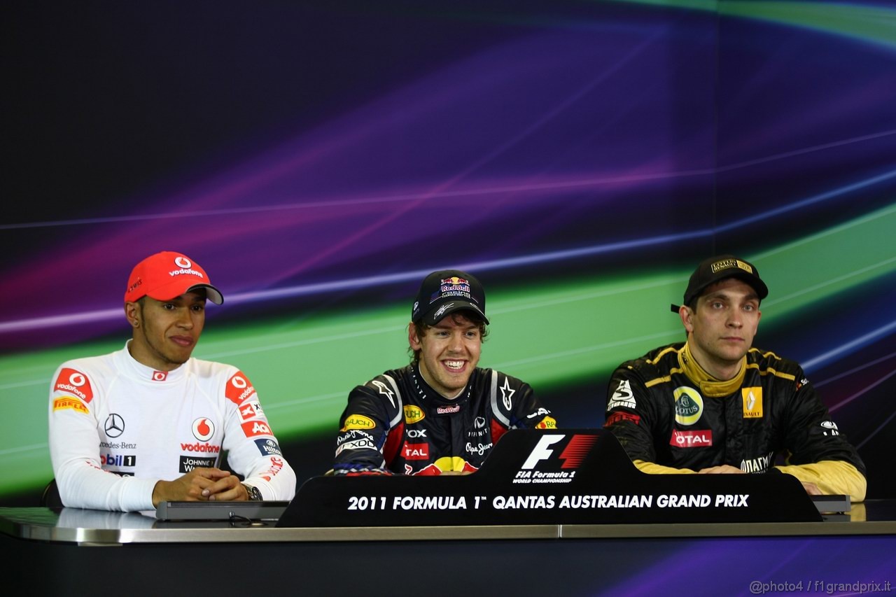 GP AUSTRALIA, 27.03.2011- Gara, Conferenza Stampa, Lewis Hamilton (GBR), McLaren  Mercedes, MP4-26 secondo, Sebastian Vettel (GER), Red Bull Racing, RB7 vincitore e Vitaly Petrov (RUS), Lotus Renault GP, R31 terzo 