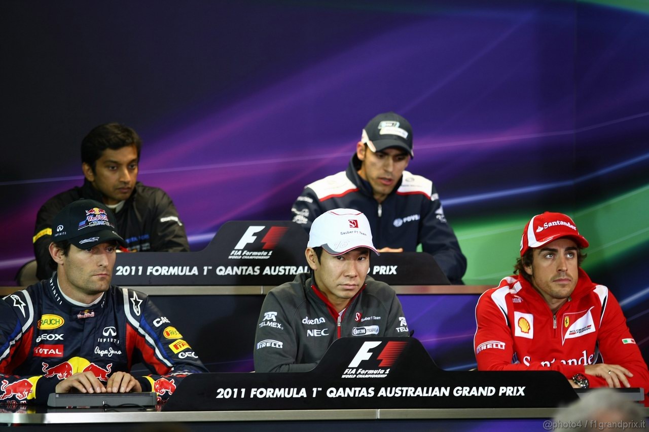 GP AUSTRALIA, 24.03.2011- Conferenza Stampa, Narain Karthikeyan (IND), Hispania Racing F1 Team, HRT e Pastor Maldonado (VEN), Williams FW33 (up), Mark Webber (AUS), Red Bull Racing, RB7, Kamui Kobayashi (JAP), Sauber F1 Team C30 e Fernando Alonso (ESP), Ferrari, F-150 Italia 