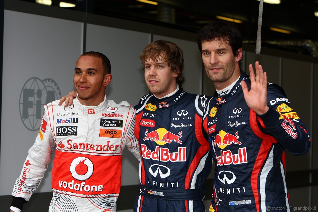 GP AUSTRALIA, 26.03.2011- Qualifiche, Lewis Hamilton (GBR), McLaren  Mercedes, MP4-26 secondo, Sebastian Vettel (GER), Red Bull Racing, RB7 pole position e Mark Webber (AUS), Red Bull Racing, RB7 terzo 