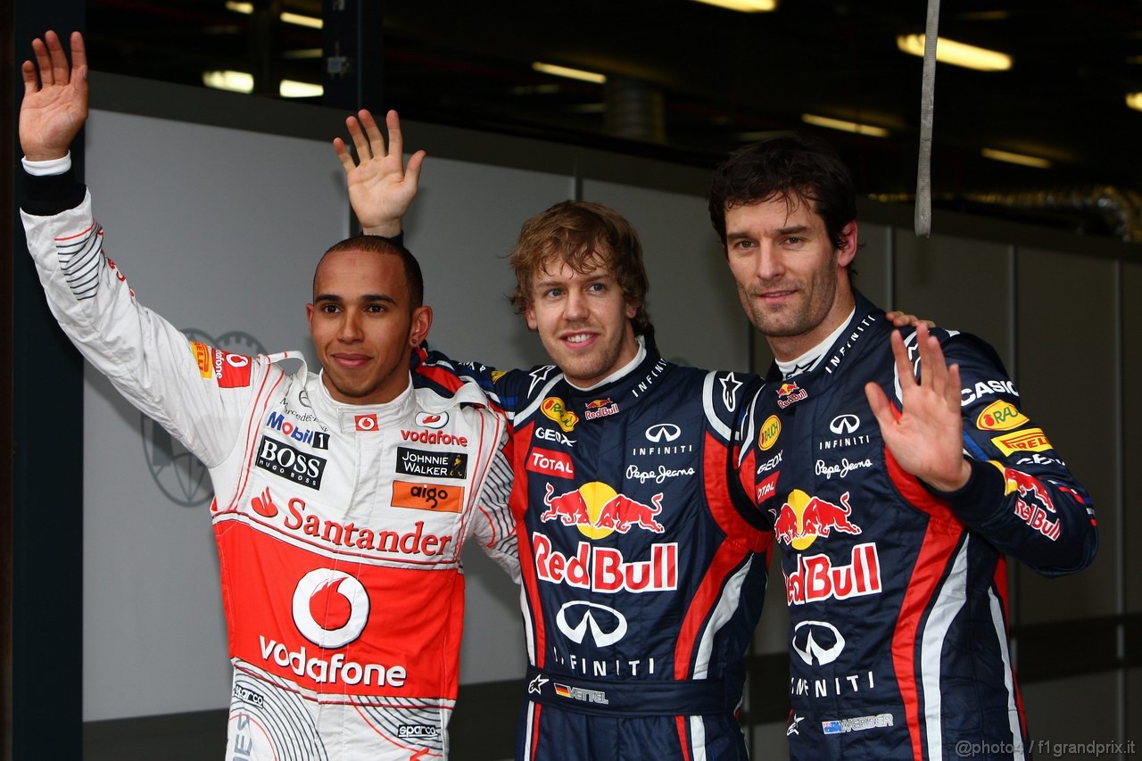 GP AUSTRALIA, 26.03.2011- Qualifiche, Lewis Hamilton (GBR), McLaren  Mercedes, MP4-26 secondo, Sebastian Vettel (GER), Red Bull Racing, RB7 pole position e Mark Webber (AUS), Red Bull Racing, RB7 terzo 