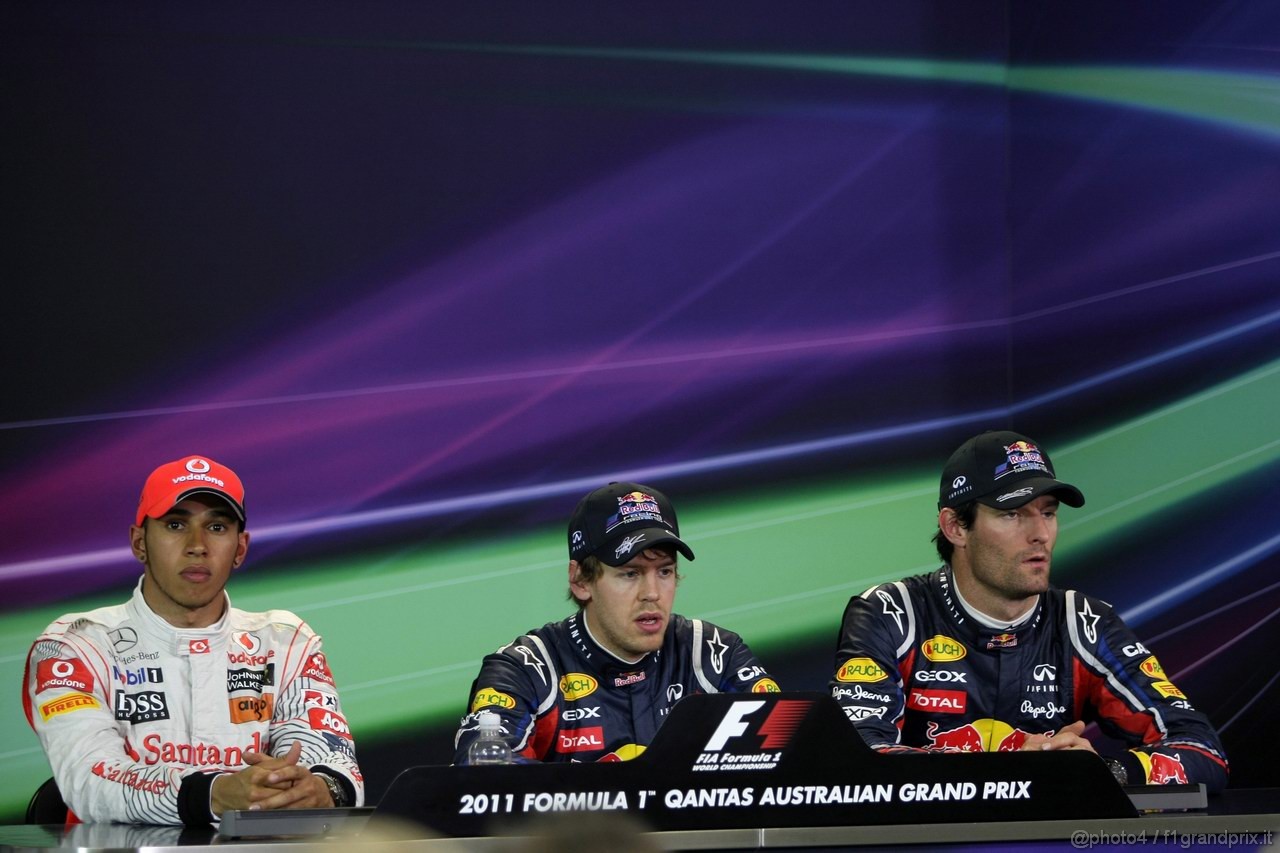 GP AUSTRALIA, 26.03.2011- Qualifiche, Conferenza Stampa, Lewis Hamilton (GBR), McLaren  Mercedes, MP4-26 secondo, Sebastian Vettel (GER), Red Bull Racing, RB7 pole position e Mark Webber (AUS), Red Bull Racing, RB7 terzo 