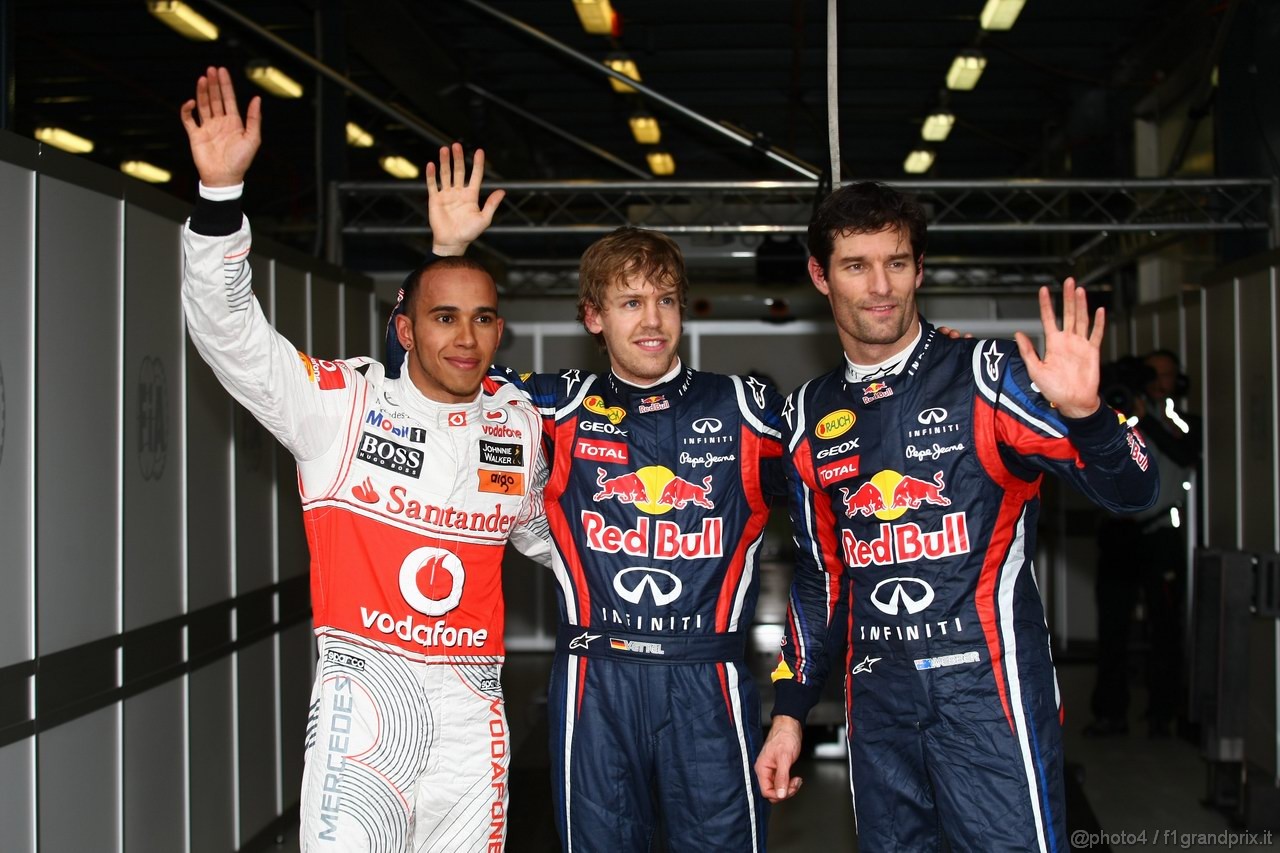 GP AUSTRALIA, 26.03.2011- Qualifiche, Lewis Hamilton (GBR), McLaren  Mercedes, MP4-26 secondo, Sebastian Vettel (GER), Red Bull Racing, RB7 pole position e Mark Webber (AUS), Red Bull Racing, RB7 terzo 