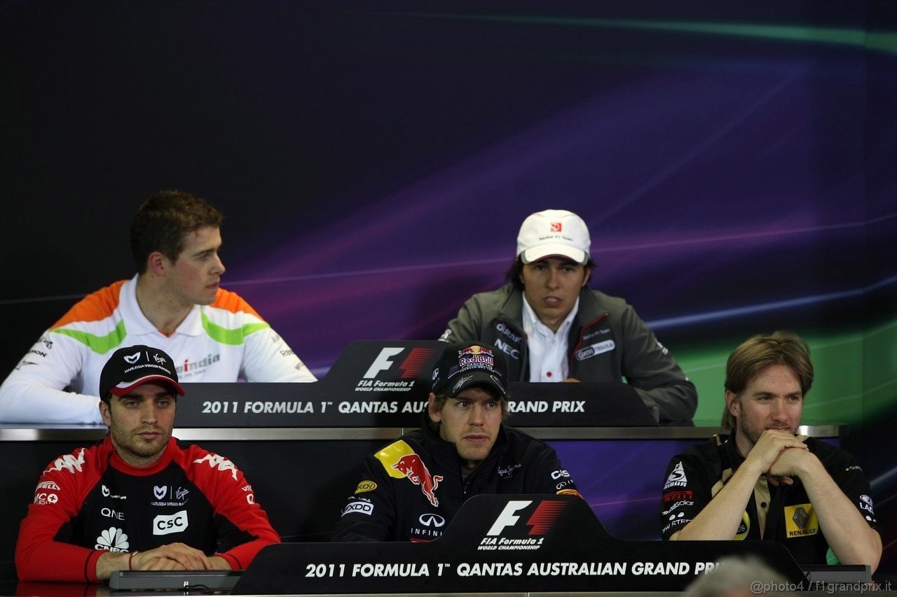 GP AUSTRALIA, 25.03.2011- Conferenza Stampa, Paul di Resta (GBR) Force India VJM04, Sergio Pérez (MEX), Sauber F1 Team C30 (up), Jerome D'Ambrosio (BEL), Marussia Virgin Racing VR-02, Sebastian Vettel (GER), Red Bull Racing, RB7 e Nick Heidfeld (GER) Lotus Renault GP R31  
