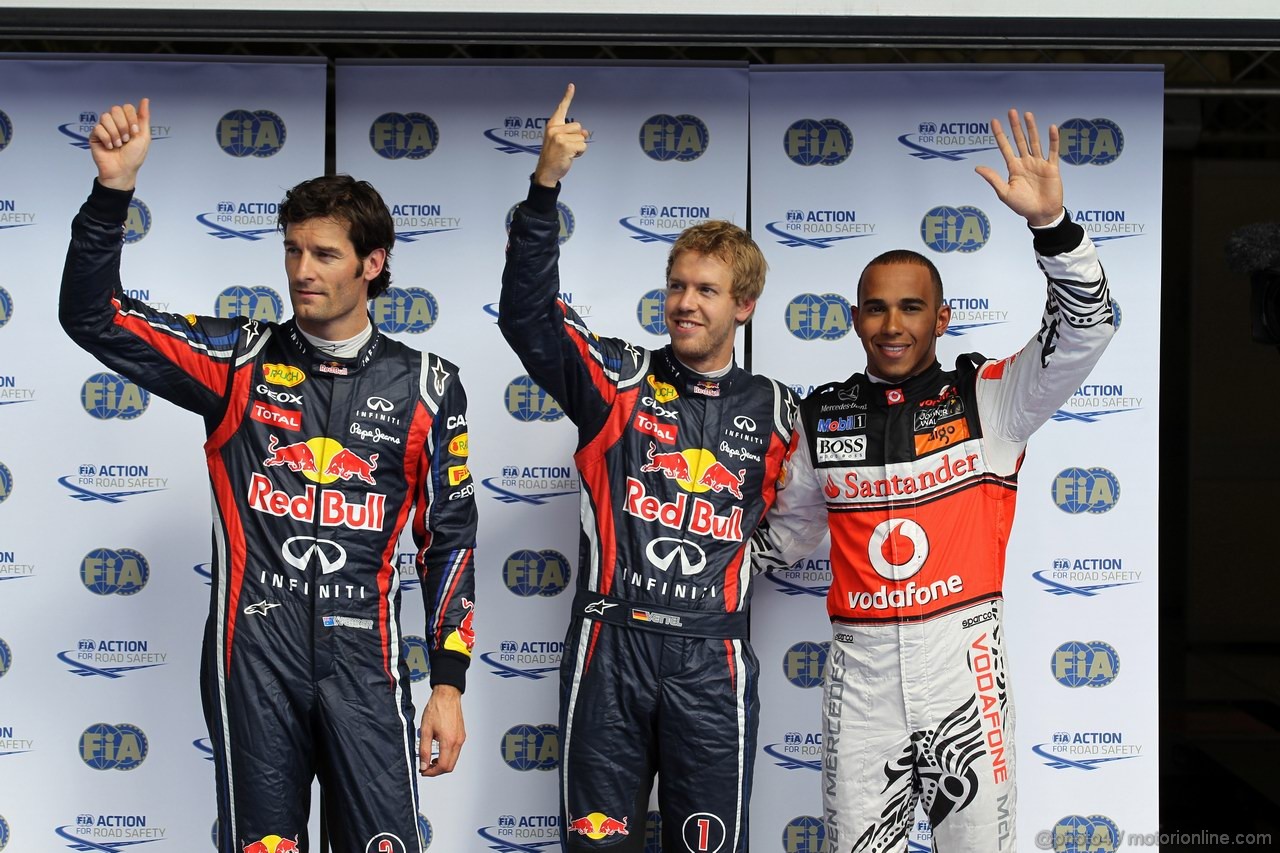 GP BELGIO, 27.08.2011- Qualifiche, Sebastian Vettel (GER), Red Bull Racing, RB7 pole position Lewis Hamilton (GBR), McLaren  Mercedes, MP4-26 secondo e Mark Webber (AUS), Red Bull Racing, RB7 terzo 