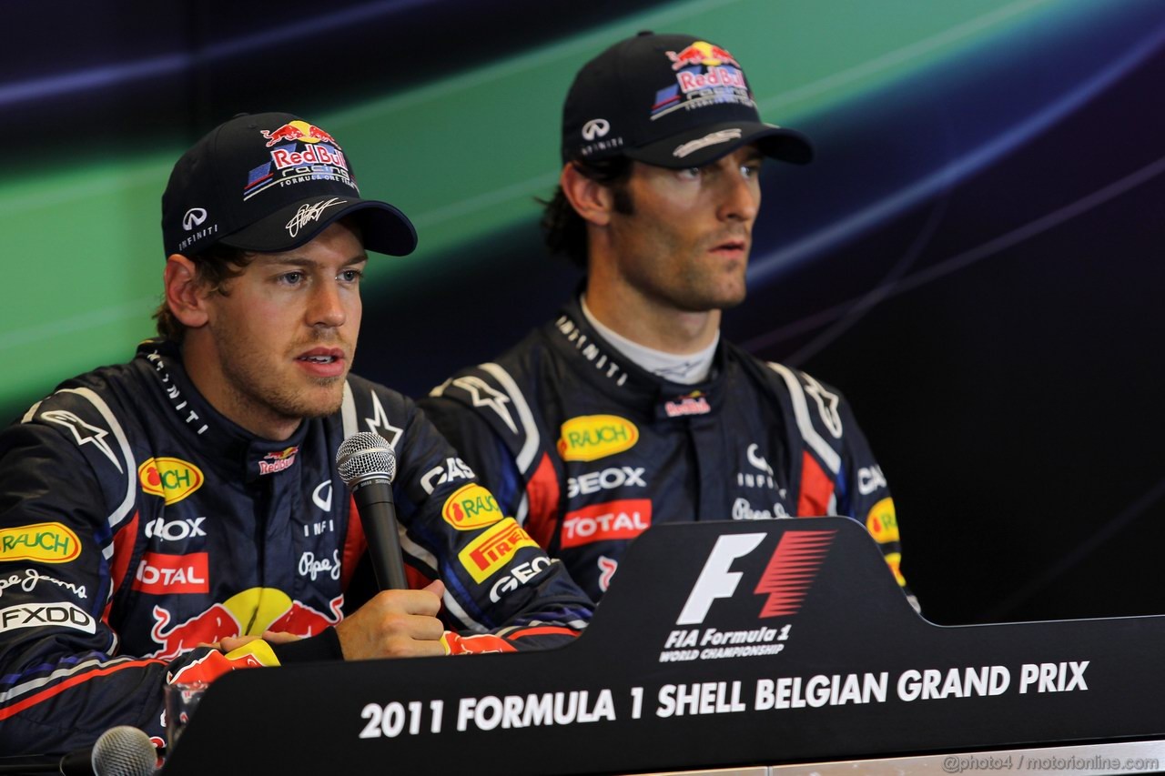 GP BELGIO, 27.08.2011- Qualifiche, Conferenza Stampa, Sebastian Vettel (GER), Red Bull Racing, RB7 pole position  e Mark Webber (AUS), Red Bull Racing, RB7 terzo 