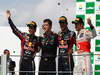 GP BRASILE, 27.11.2011- Gara, Sebastian Vettel (GER), Red Bull Racing, RB7 secondo, Mark Webber (AUS), Red Bull Racing, RB7 vincitore e Jenson Button (GBR), McLaren  Mercedes, MP4-26 terzo 