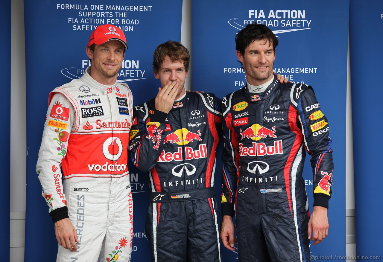 GP BRASILE, 26.11.2011- Qualifiche, Sebastian Vettel (GER), Red Bull Racing, RB7 pole position, Mark Webber (AUS), Red Bull Racing, RB7 secondo e Jenson Button (GBR), McLaren  Mercedes, MP4-26 terzo 