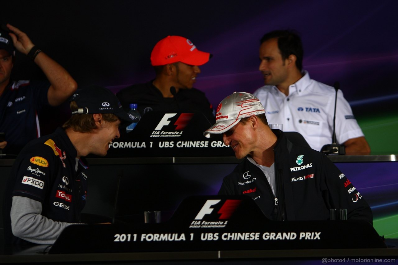 GP CINA, 14.04.2011- Conferenza Stampa, Sebastian Vettel (GER), Red Bull Racing, RB7 e Michael Schumacher (GER), Mercedes GP Petronas F1 Team, MGP W02 