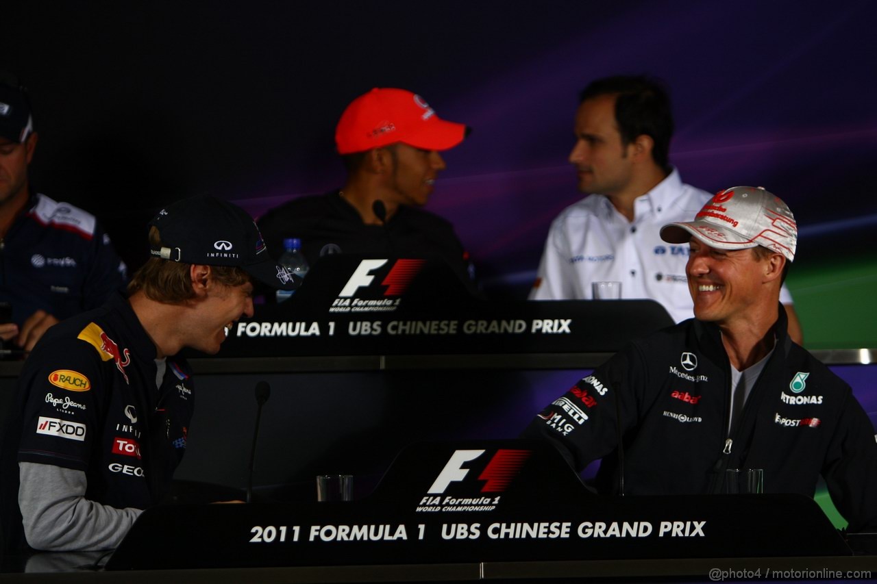 GP CINA, 14.04.2011- Conferenza Stampa, Sebastian Vettel (GER), Red Bull Racing, RB7 e Michael Schumacher (GER), Mercedes GP Petronas F1 Team, MGP W02 