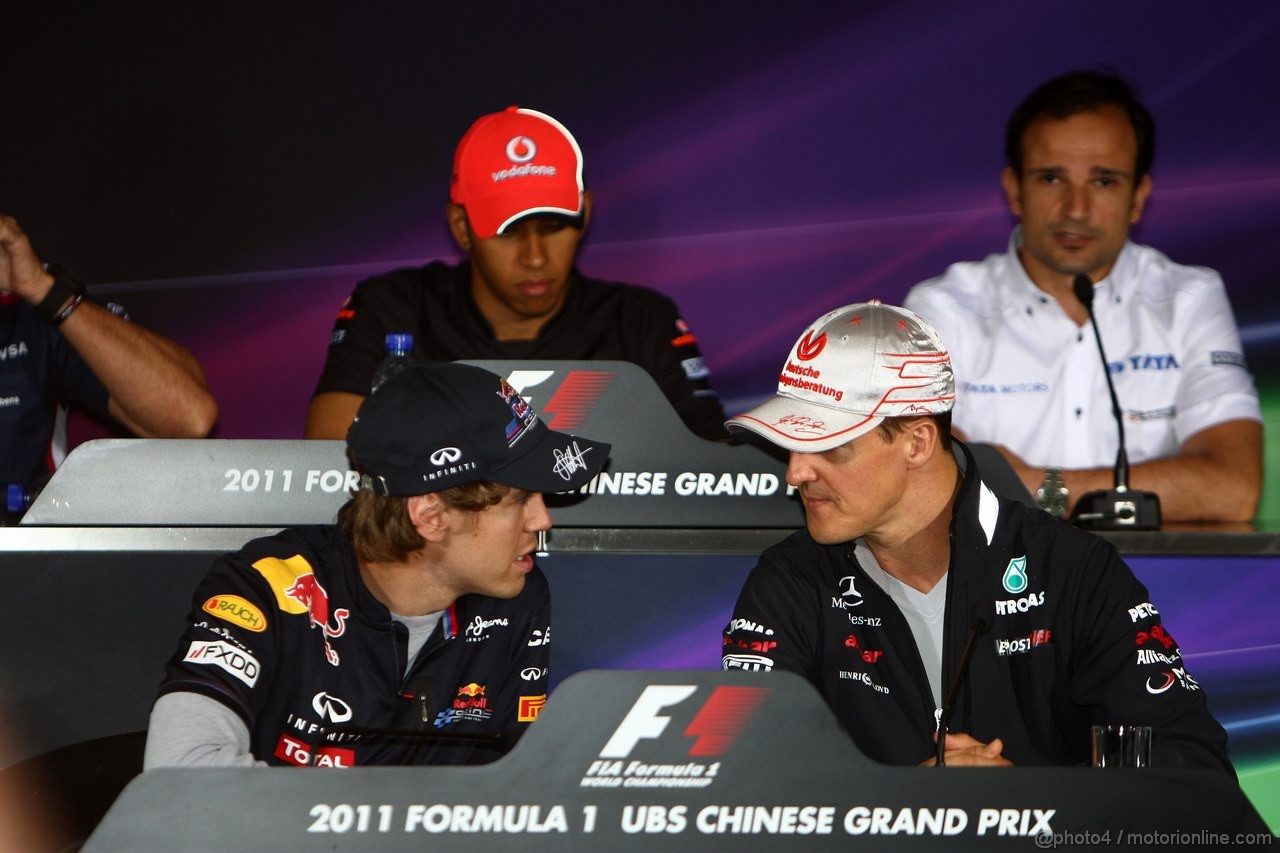 GP CINA, 14.04.2011- Conferenza Stampa, Sebastian Vettel (GER), Red Bull Racing, RB7 e Michael Schumacher (GER), Mercedes GP Petronas F1 Team, MGP W02 