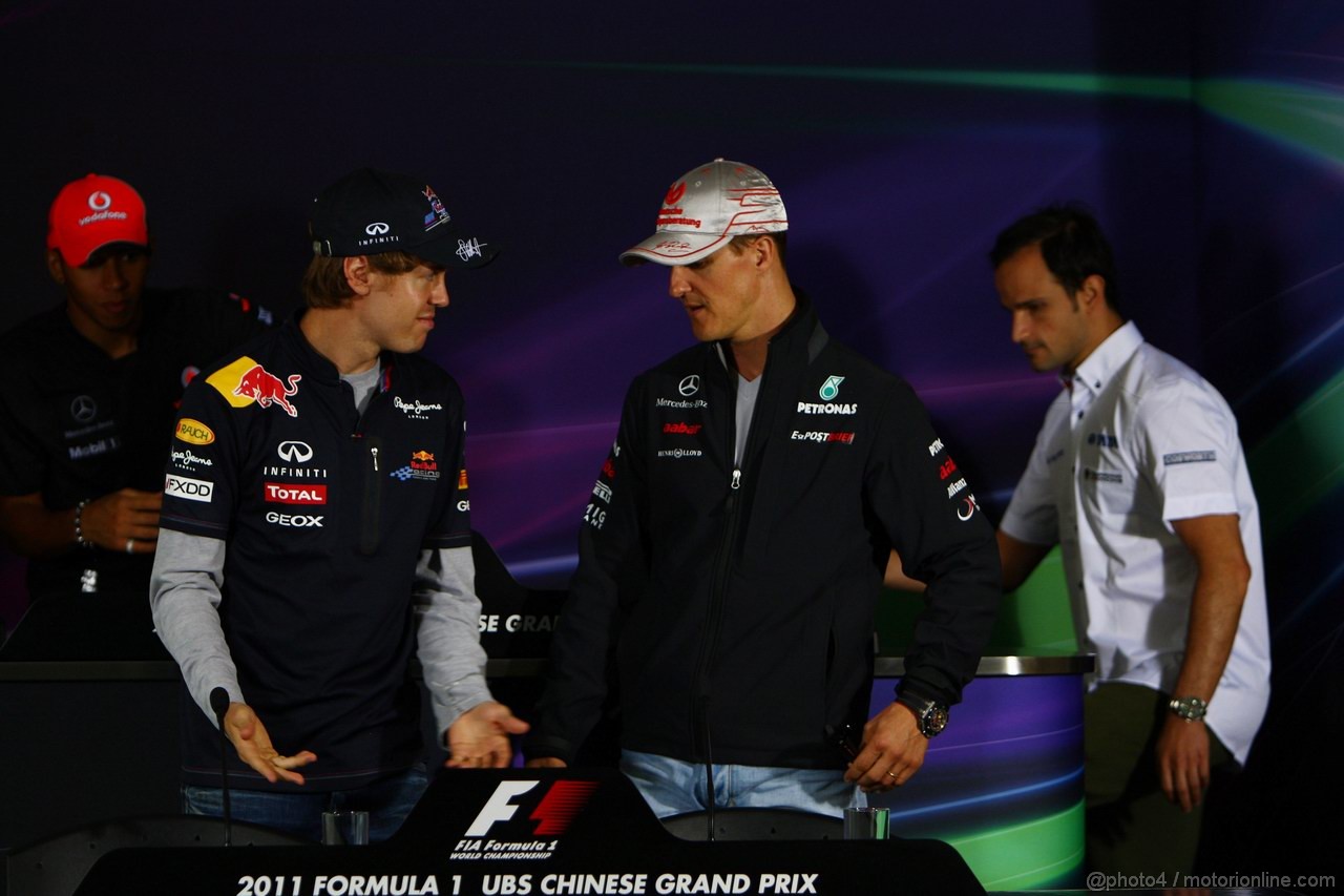 GP CINA, 14.04.2011- Conferenza Stampa, Sebastian Vettel (GER), Red Bull Racing, RB7 e Michael Schumacher (GER), Mercedes GP Petronas F1 Team, MGP W02 