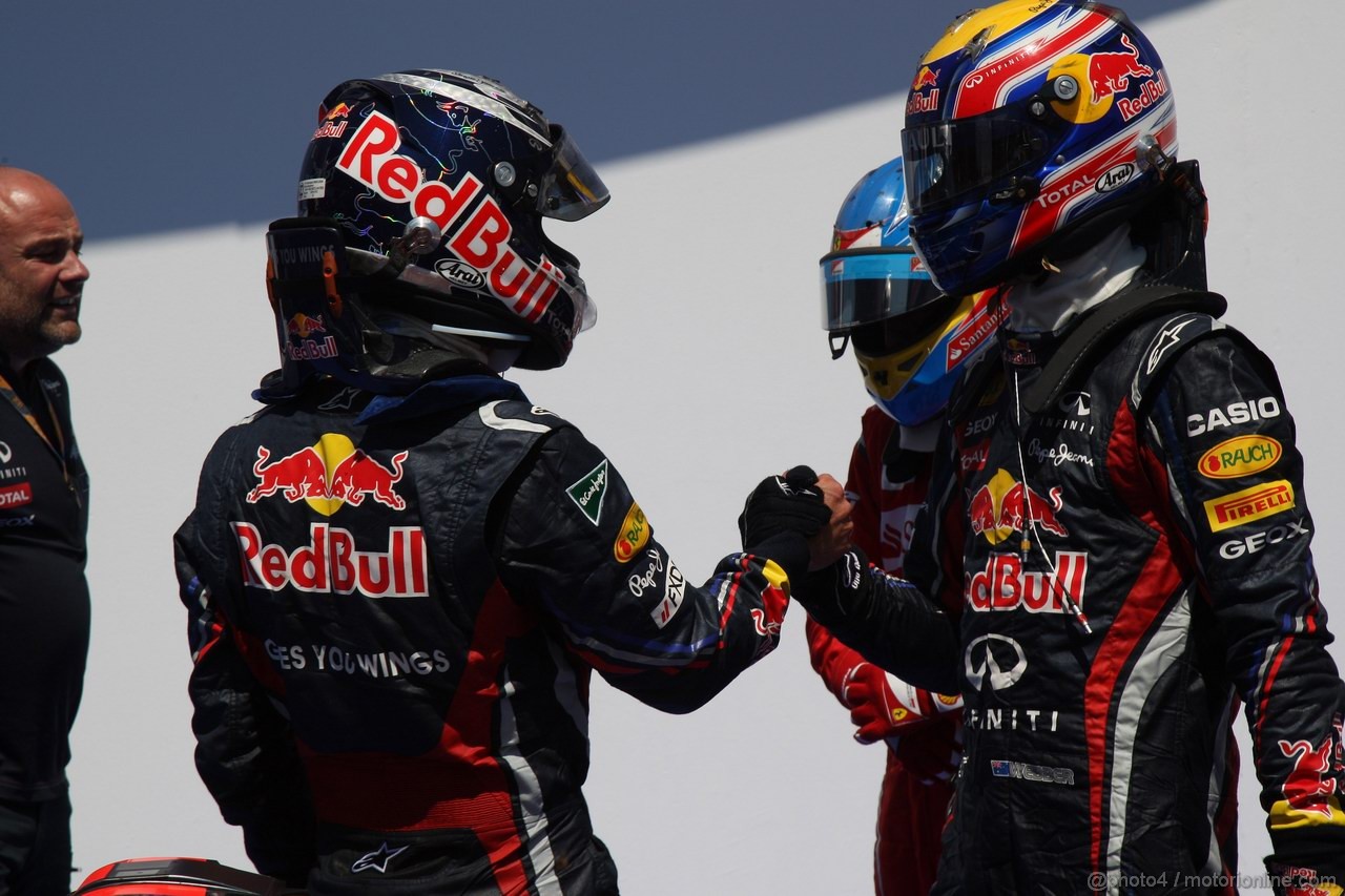 GP EUROPA, 26.06.2011- Gara, Sebastian Vettel (GER), Red Bull Racing, RB7 vincitore, Fernando Alonso (ESP), Ferrari, F-150 Italia secondo e Mark Webber (AUS), Red Bull Racing, RB7 terzo 