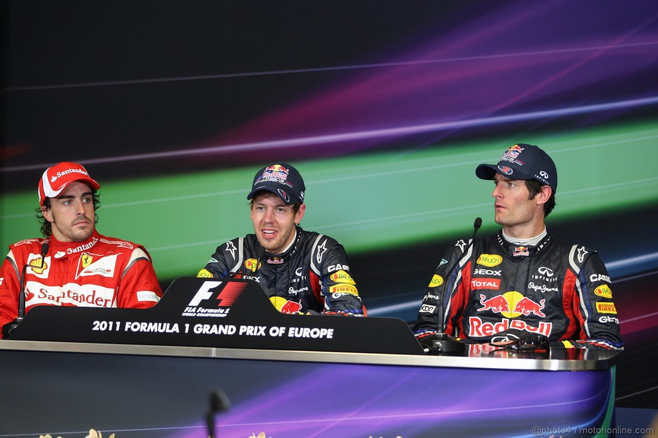 GP EUROPA, 26.06.2011- Conferenza Stampa, Sebastian Vettel (GER), Red Bull Racing, RB7, Fernando Alonso (ESP), Ferrari, F-150 Italia e Mark Webber (AUS), Red Bull Racing, RB7 