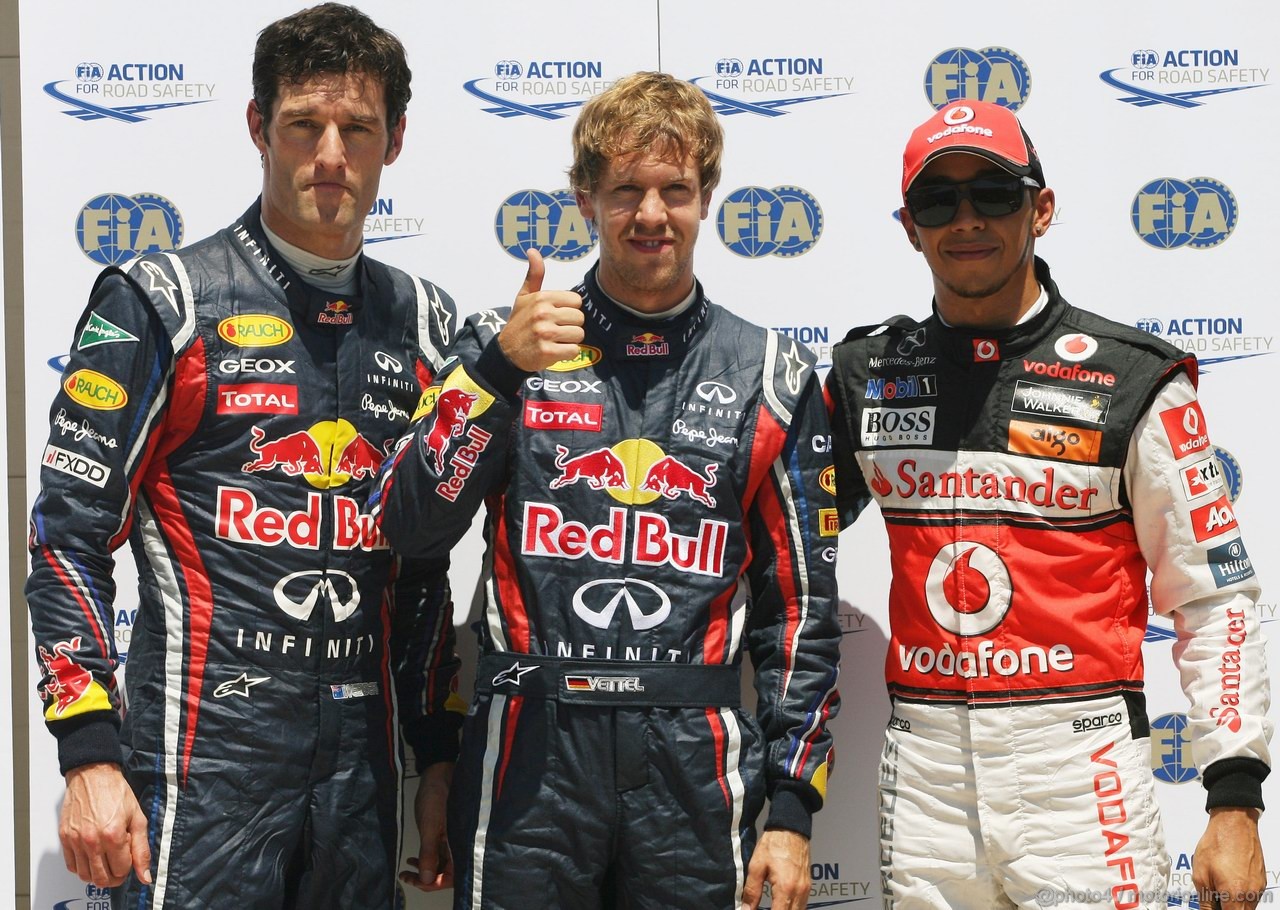 GP EUROPA, 25.06.2011- Qualifiche, Sebastian Vettel (GER), Red Bull Racing, RB7 pole position, Mark Webber (AUS), Red Bull Racing, RB7 secondo e Lewis Hamilton (GBR), McLaren  Mercedes, MP4-26 terzo 