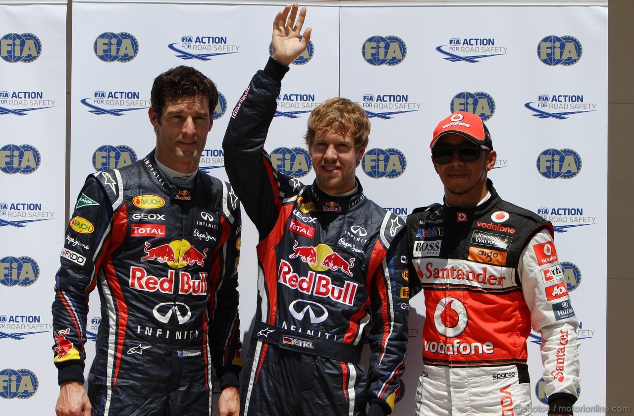 GP EUROPA, 25.06.2011- Qualifiche, Sebastian Vettel (GER), Red Bull Racing, RB7 pole position, Mark Webber (AUS), Red Bull Racing, RB7 secondo e Lewis Hamilton (GBR), McLaren  Mercedes, MP4-26 terzo 