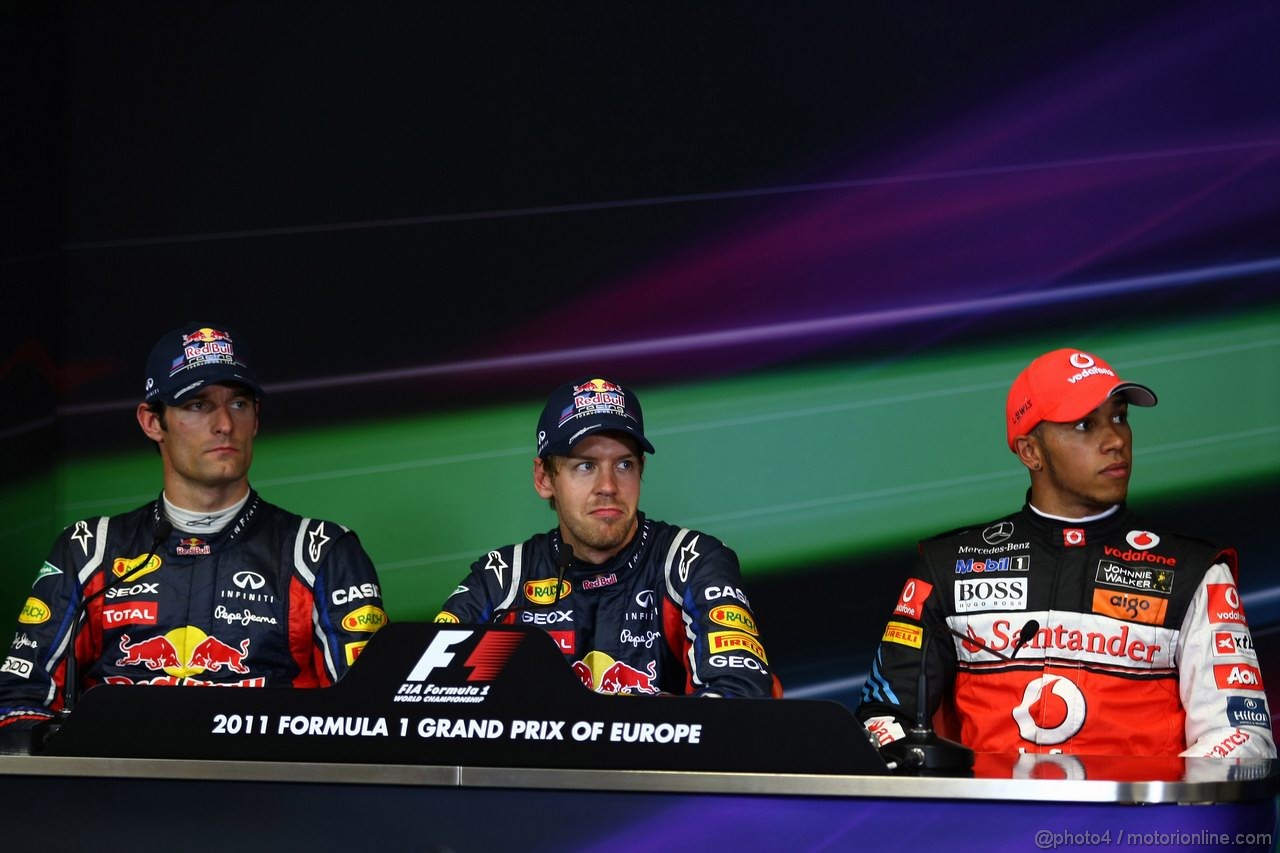 GP EUROPA, 25.06.2011- Qualifiche, Conferenza Stampa, Sebastian Vettel (GER), Red Bull Racing, RB7 pole position, Mark Webber (AUS), Red Bull Racing, RB7 secondo e Lewis Hamilton (GBR), McLaren  Mercedes, MP4-26 terzo 