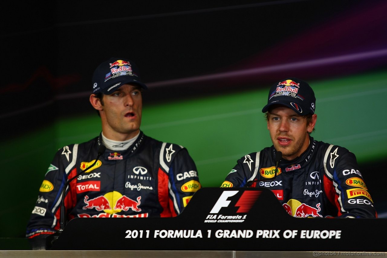 GP EUROPA, 25.06.2011- Qualifiche, Conferenza Stampa, Mark Webber (AUS), Red Bull Racing, RB7 e Sebastian Vettel (GER), Red Bull Racing, RB7 pole position 