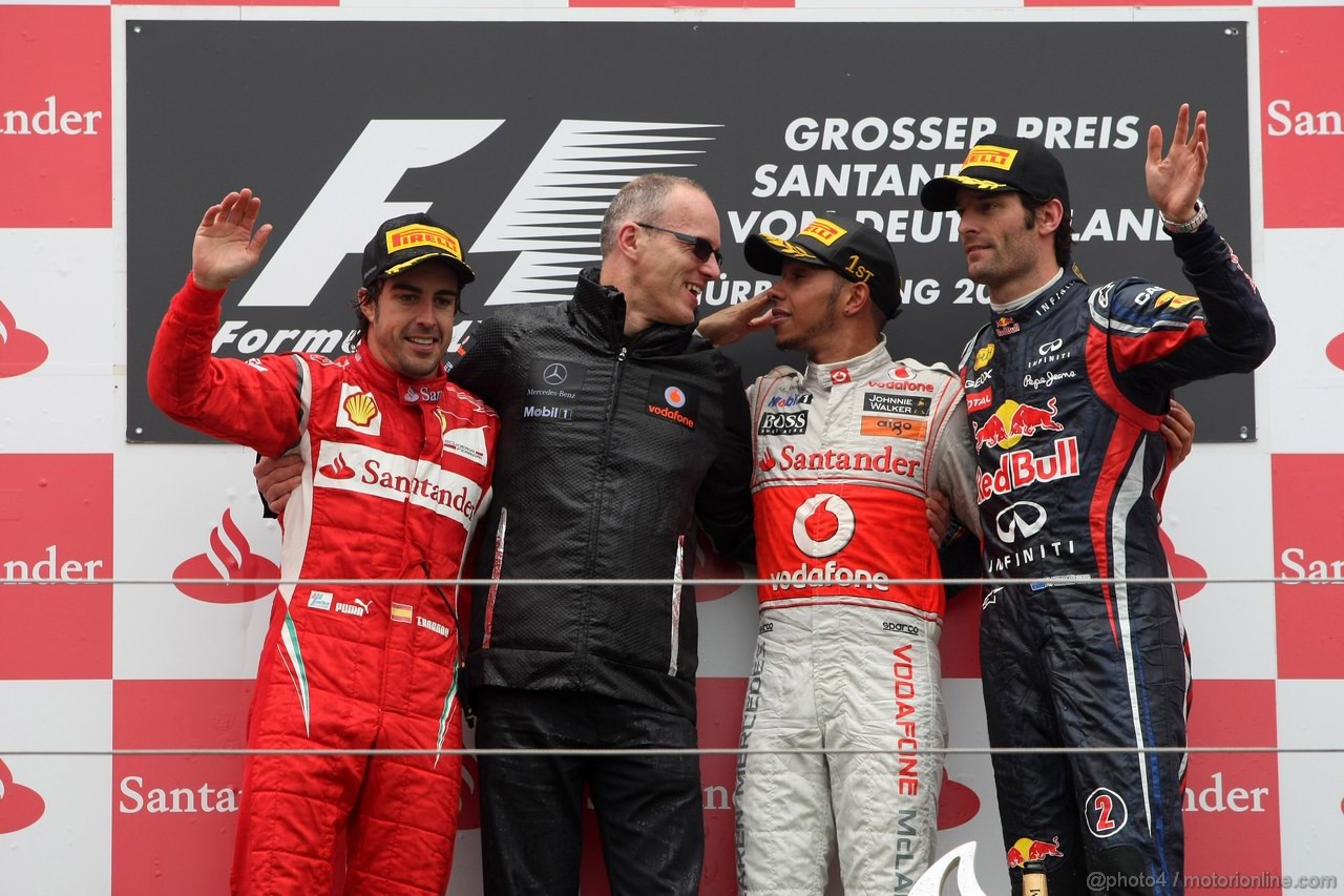 GP GERMANIA, 24.07.2011- Gara, Lewis Hamilton (GBR), McLaren  Mercedes, MP4-26 vincitore, Fernando Alonso (ESP), Ferrari, F-150 Italia secondo e Mark Webber (AUS), Red Bull Racing, RB7 terzo 