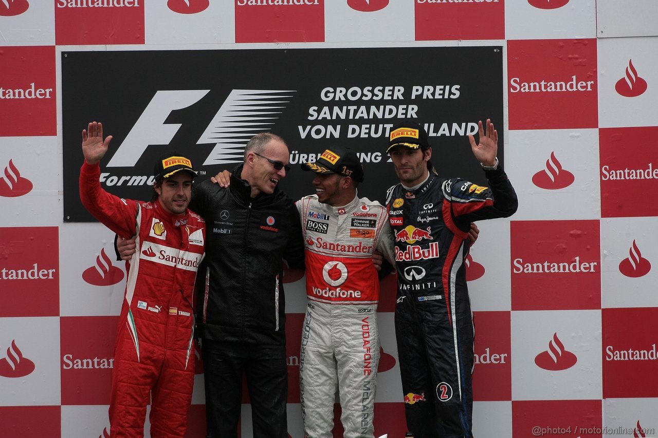 GP GERMANIA, 24.07.2011- Gara, Lewis Hamilton (GBR), McLaren  Mercedes, MP4-26 vincitore, Fernando Alonso (ESP), Ferrari, F-150 Italia secondo e Mark Webber (AUS), Red Bull Racing, RB7 terzo 