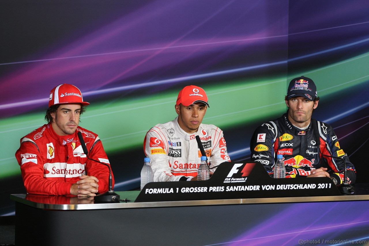 GP GERMANIA, 24.07.2011- Gara, Conferenza Stampa, Fernando Alonso (ESP), Ferrari, F-150 Italia secondo, Lewis Hamilton (GBR), McLaren  Mercedes, MP4-26 vincitore e Mark Webber (AUS), Red Bull Racing, RB7 terzo 