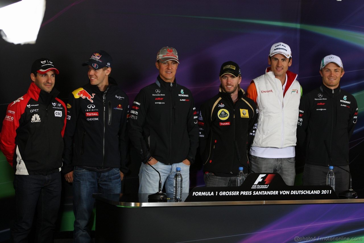 GP GERMANIA, 21.07.2011- Conferenza Stampa, German drivers, Timo Glock (GER), Marussia Virgin Racing VR-02, Sebastian Vettel (GER), Red Bull Racing, RB7, Michael Schumacher (GER), Mercedes GP Petronas F1 Team, MGP W02, Nick Heidfeld (GER) Lotus Renault GP R31, Adrian Sutil (GER), Force India F1 Team, VJM04 e Nico Rosberg (GER), Mercedes GP Petronas F1 Team, MGP W02 