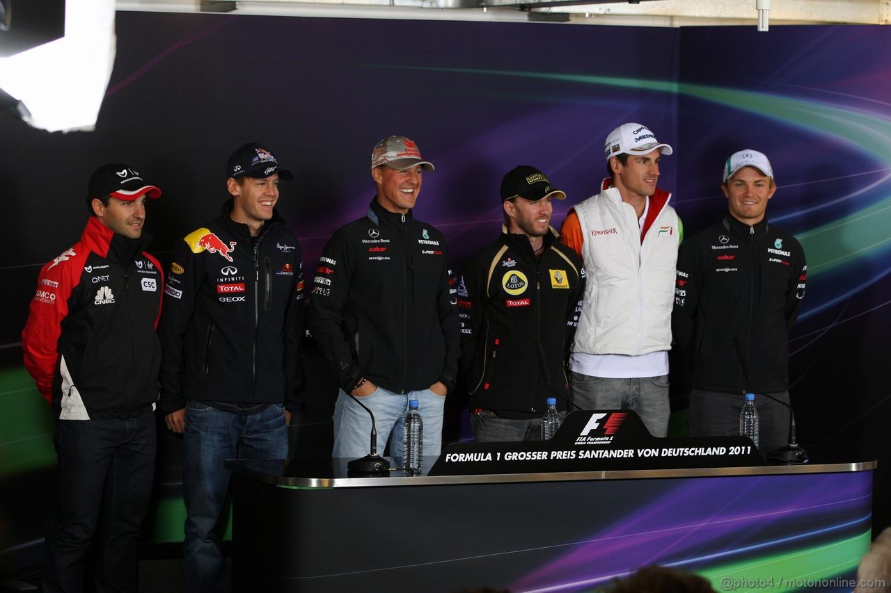 GP GERMANIA, 21.07.2011- Conferenza Stampa, German drivers, Timo Glock (GER), Marussia Virgin Racing VR-02, Sebastian Vettel (GER), Red Bull Racing, RB7, Michael Schumacher (GER), Mercedes GP Petronas F1 Team, MGP W02, Nick Heidfeld (GER) Lotus Renault GP R31, Adrian Sutil (GER), Force India F1 Team, VJM04 e Nico Rosberg (GER), Mercedes GP Petronas F1 Team, MGP W02 