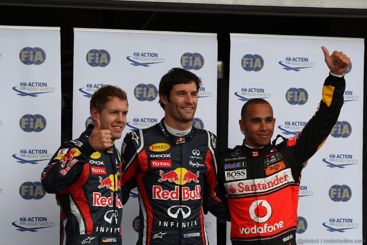 GP GERMANIA, 23.07.2011- Qualifiche, Sebastian Vettel (GER), Red Bull Racing, RB7 terzo, Mark Webber (AUS), Red Bull Racing, RB7 pole position e Lewis Hamilton (GBR), McLaren  Mercedes, MP4-26 secondo 