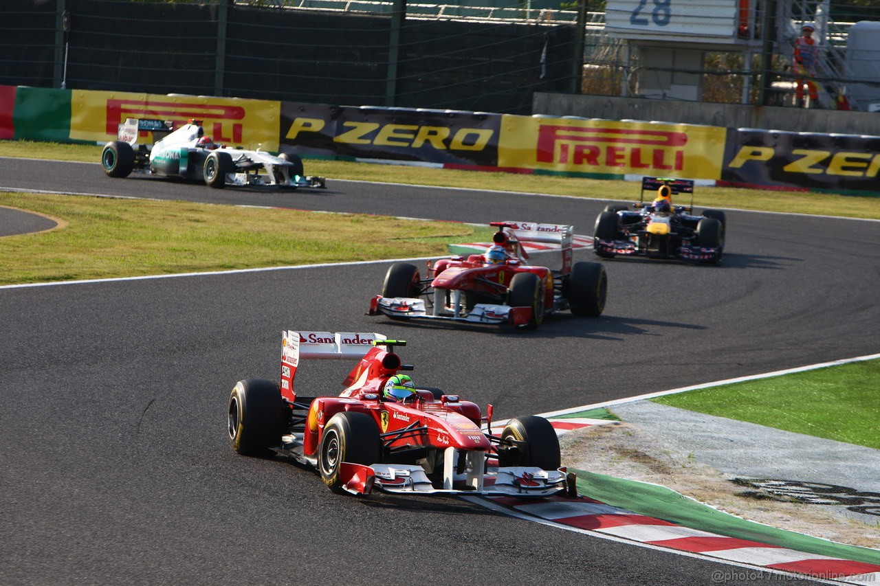GP GIAPPONE, 09.10.2011- Gara, Felipe Massa (BRA), Ferrari, F-150 Italia davanti a Fernando Alonso (ESP), Ferrari, F-150 Italia e Mark Webber (AUS), Red Bull Racing, RB7