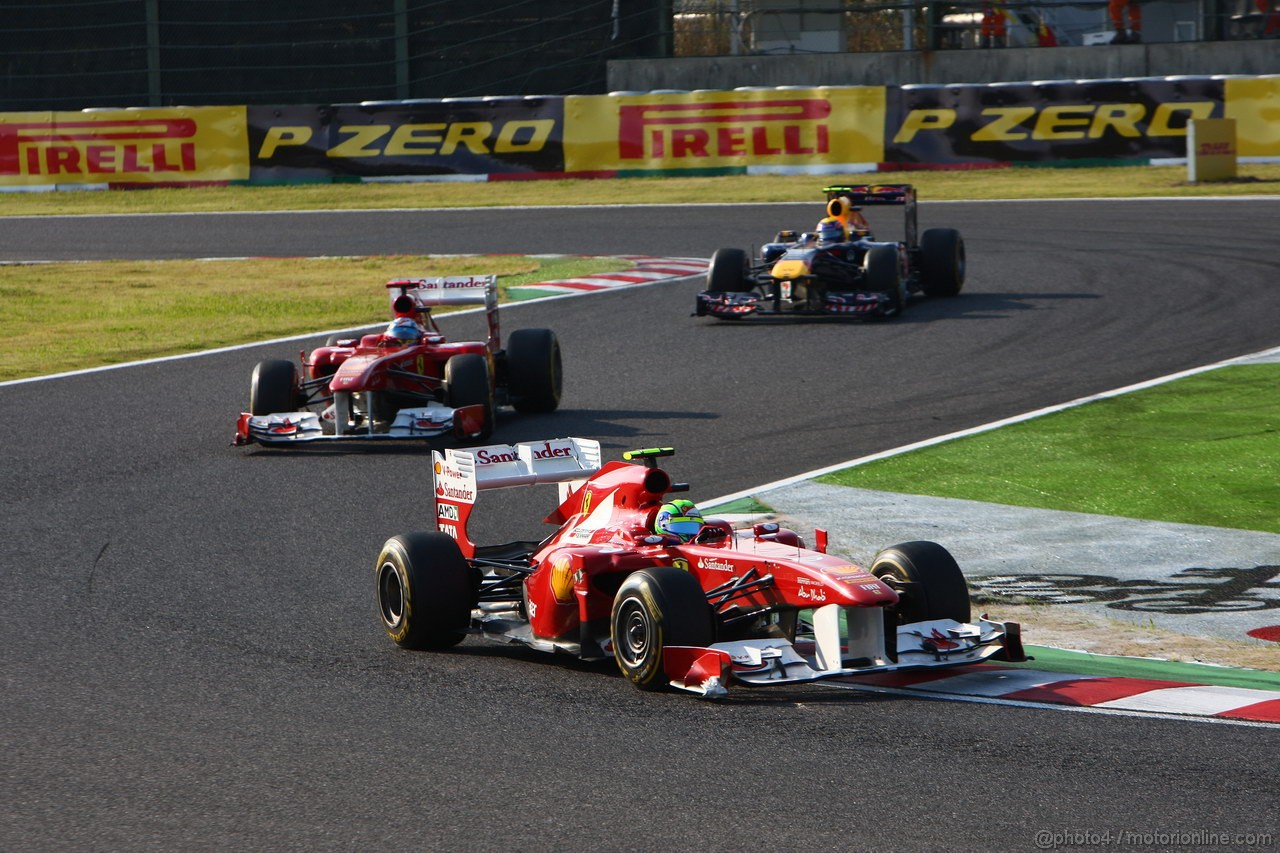 GP GIAPPONE, 09.10.2011- Gara, Felipe Massa (BRA), Ferrari, F-150 Italia davanti a Fernando Alonso (ESP), Ferrari, F-150 Italia e Mark Webber (AUS), Red Bull Racing, RB7