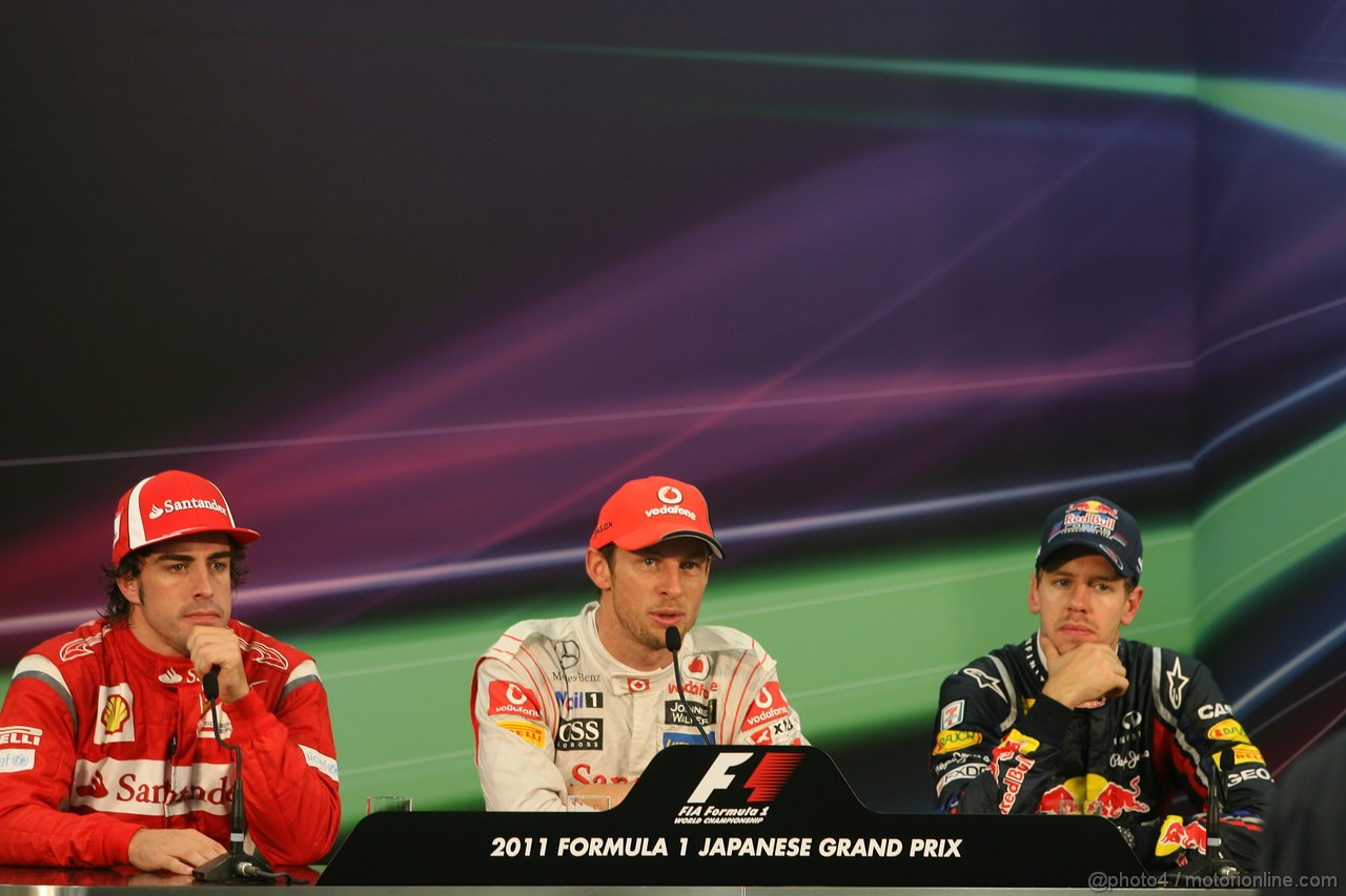 GP GIAPPONE, 09.10.2011- Gara, Conferenza Stampa, Fernando Alonso (ESP), Ferrari, F-150 Italia, Jenson Button (GBR), McLaren  Mercedes, MP4-26 e Sebastian Vettel (GER), Red Bull Racing, RB7 