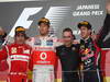 GP GIAPPONE, 09.10.2011- Gara, Jenson Button (GBR), McLaren Mercedes, MP4-26 vincitore, Fernando Alonso (ESP), Ferrari, F-150 Italia secondo e Sebastian Vettel (GER), Red Bull Racing, RB7, 2011 F1 Champion e terzo in the race