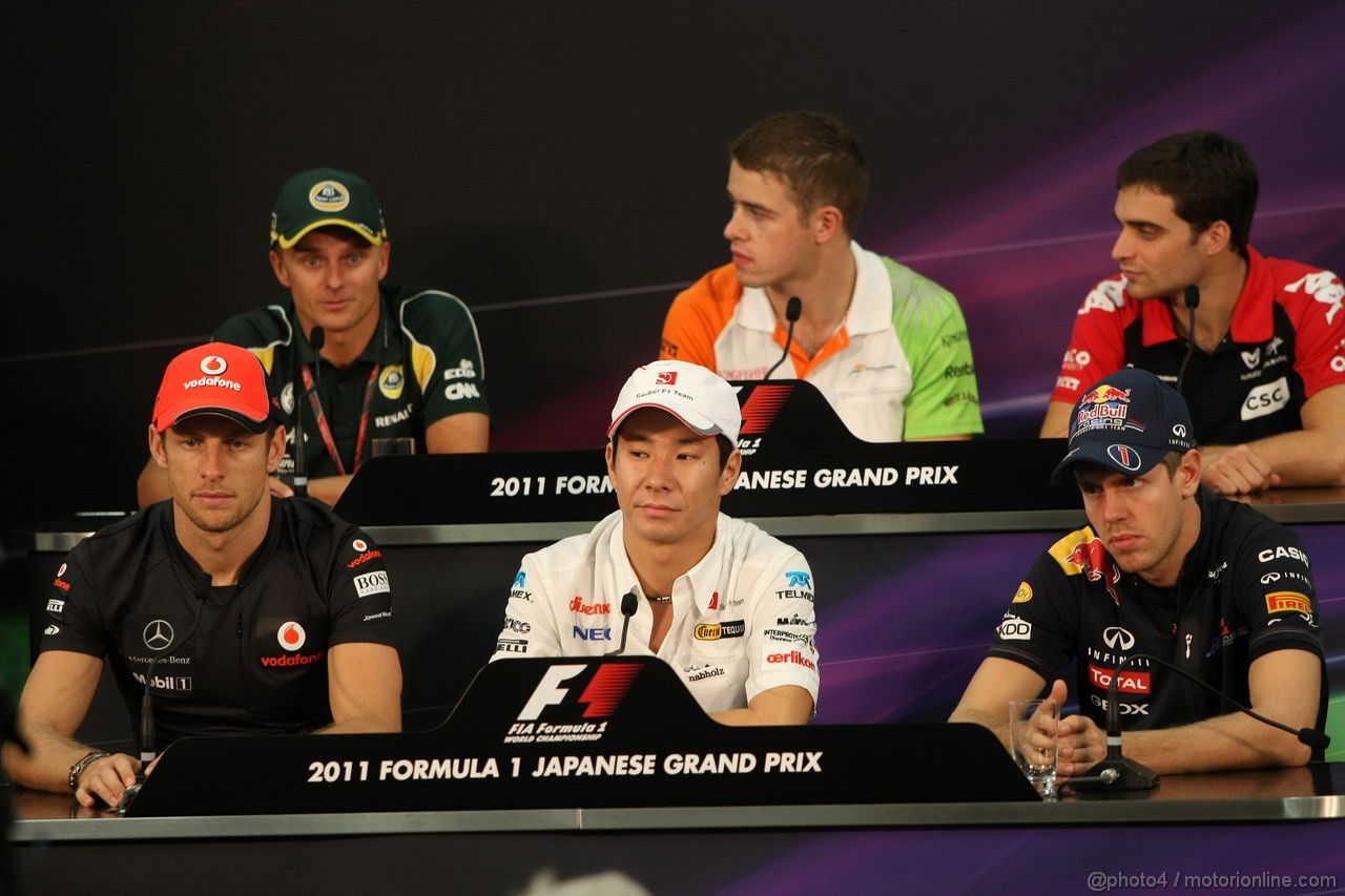 GP GIAPPONE, 06.10.2011- Conferenza Stampa, Heikki Kovalainen (FIN), Team Lotus, TL11, Paul di Resta (GBR) Force India VJM04, Jerome D'Ambrosio (BEL), Marussia Virgin Racing VR-02, Jenson Button (GBR), McLaren  Mercedes, MP4-26, Kamui Kobayashi (JAP), Sauber F1 Team C30 e Sebastian Vettel (GER), Red Bull Racing, RB7 