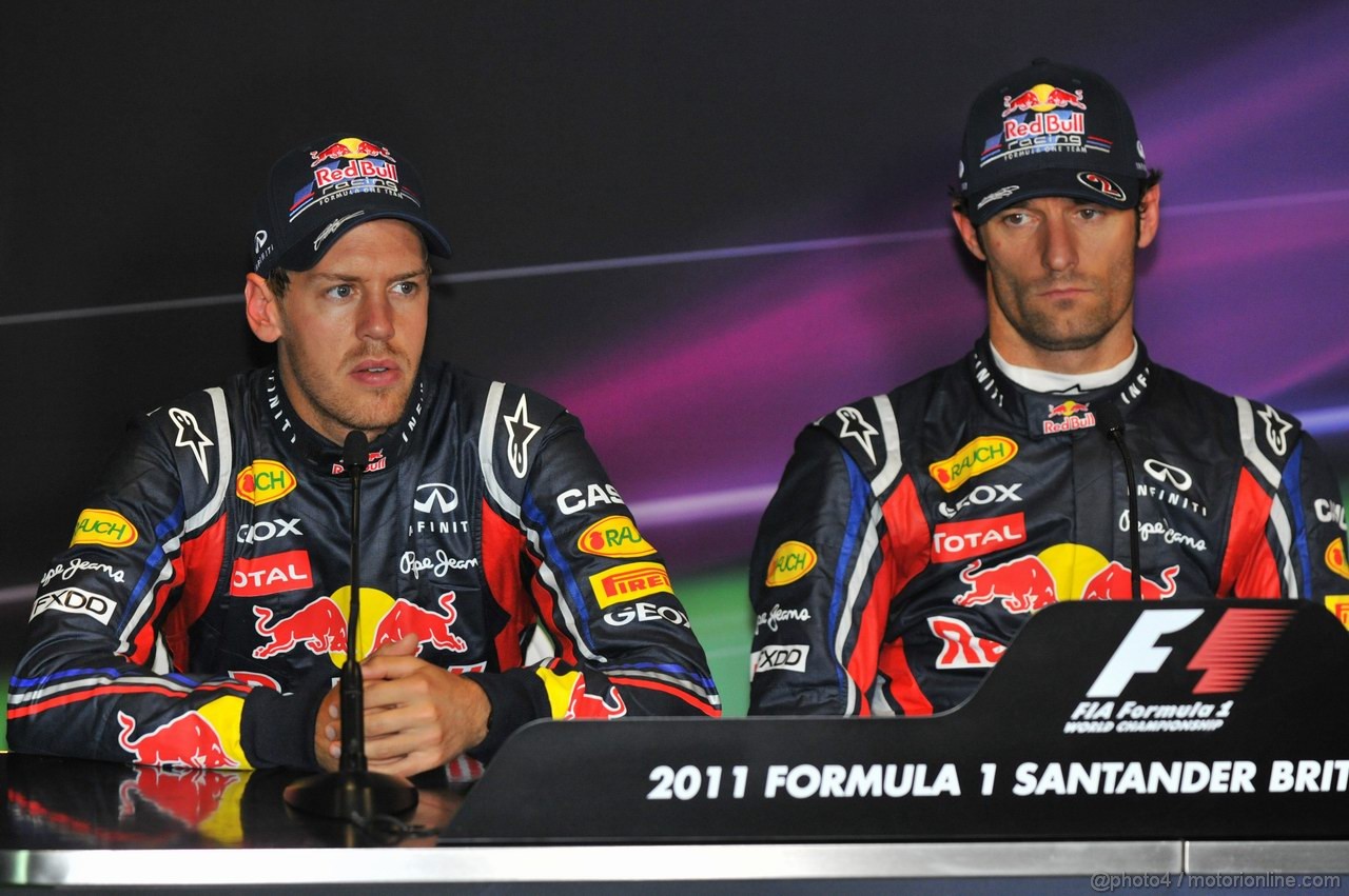 GP GRAN BRETAGNA, 09.07.2011- Qualifiche, Conferenza Stampa, Sebastian Vettel (GER), Red Bull Racing, RB7 e Mark Webber (AUS), Red Bull Racing, RB7 