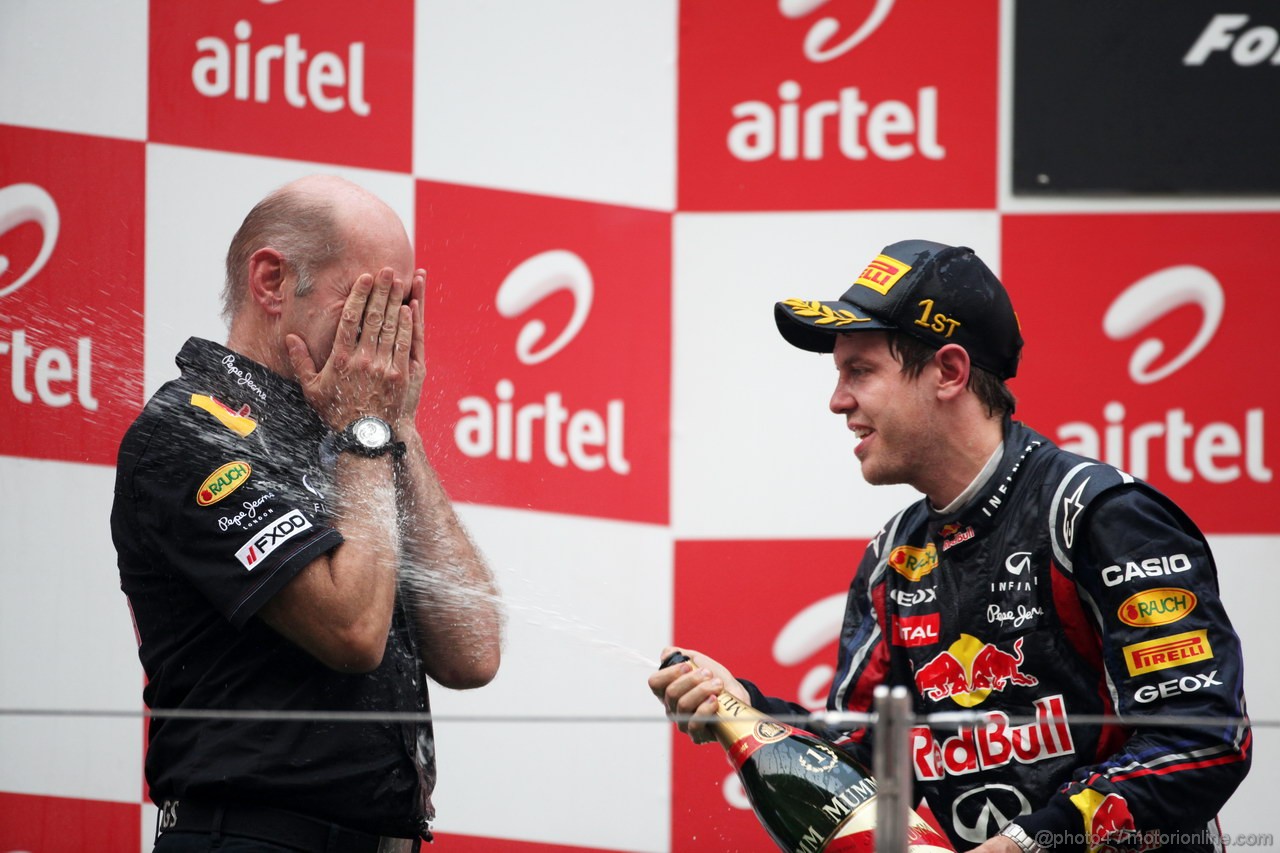 GP INDIA, Podium � 1st Sebastian Vettel (GER), Red Bull Racing, 2nd Jenson Button (GBR), McLaren Mercedes, 3rd Fernando Alonso (ESP), Ferrari & Adrian Newey (GBR), Red Bull Racing, Technical Operations Director