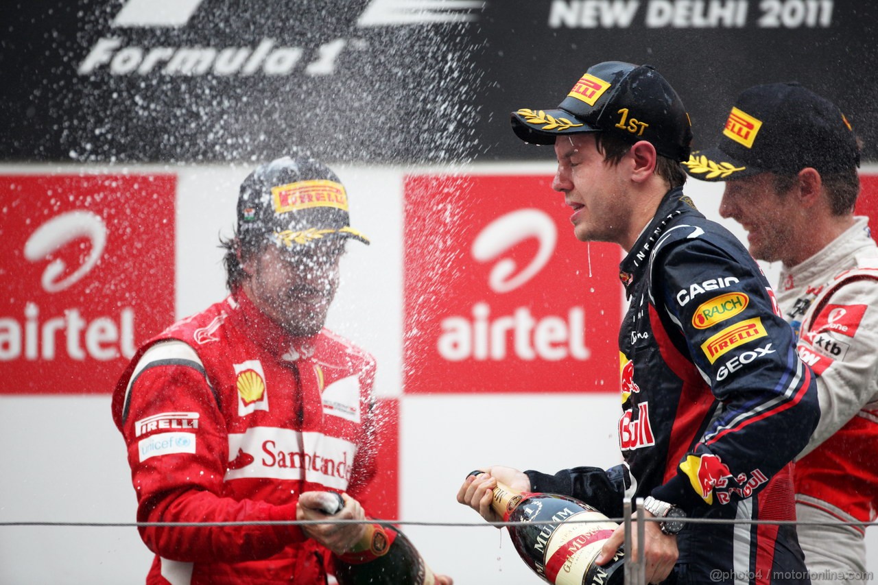 GP INDIA, Podium � 1st Sebastian Vettel (GER), Red Bull Racing, 2nd Jenson Button (GBR), McLaren Mercedes, 3rd Fernando Alonso (ESP), Ferrari & Adrian Newey (GBR), Red Bull Racing, Technical Operations Director
