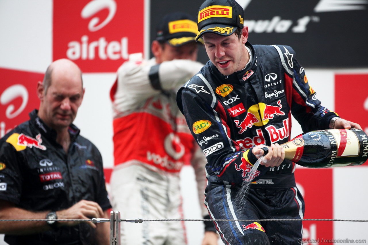 GP INDIA, Podium � 1st Sebastian Vettel (GER), Red Bull Racing, 2nd Jenson Button (GBR), McLaren Mercedes, 3rd Fernando Alonso (ESP), Ferrari & Adrian Newey (GBR), Red Bull Racing, Technical Operations Director
