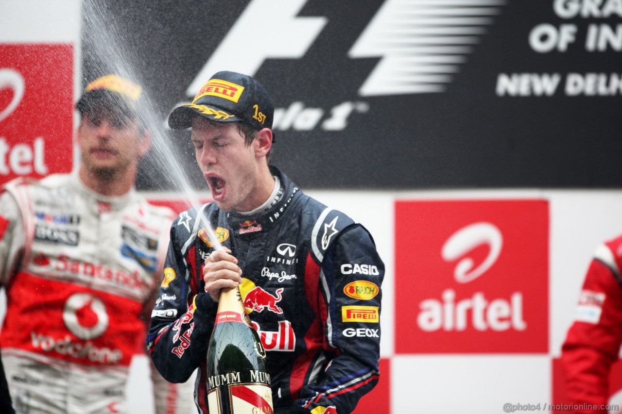 GP INDIA, Podium � 1st Sebastian Vettel (GER), Red Bull Racing, 2nd Jenson Button (GBR), McLaren Mercedes, 3rd Fernando Alonso (ESP), Ferrari & Adrian Newey (GBR), Red Bull Racing, Technical Operations Director